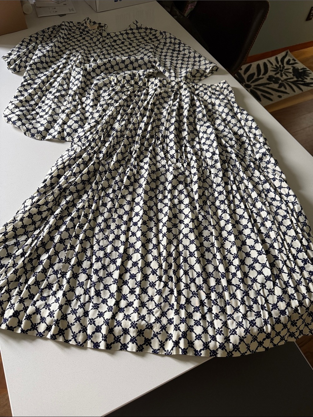 Vintage Pendleton Cream & Navy Pleated Maxi Skirt/Shirt Matching Set